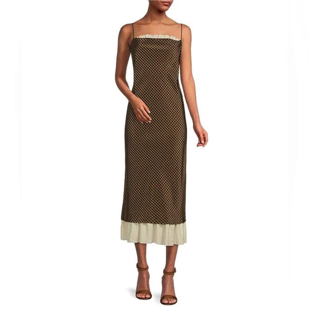 Antonio Melani x Courtney Grow Bond Gingham Ruffle Trim Square Neck Midi Dress